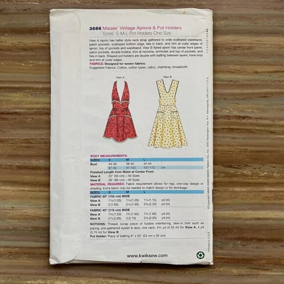 UNCUT Sewing Pattern Kwik Sew 3686 Vintage Bib Aprons & Pot Holders Misses S M L - Picture 2 of 2